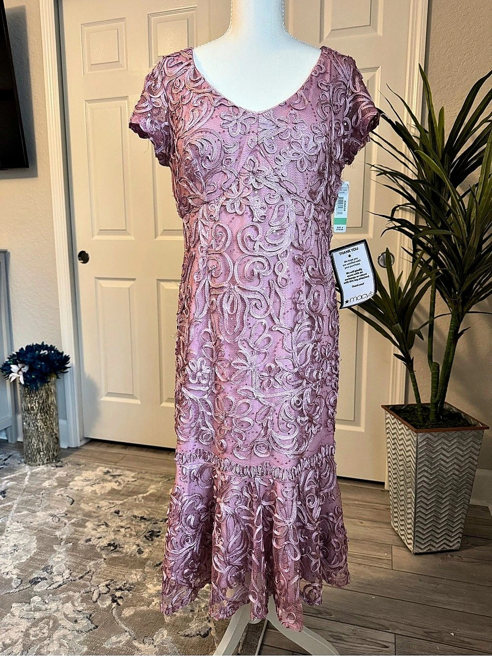 R&M Richards Mauve Short Sleeve Illusion Crossover Neckline Sequin Lace High-Low